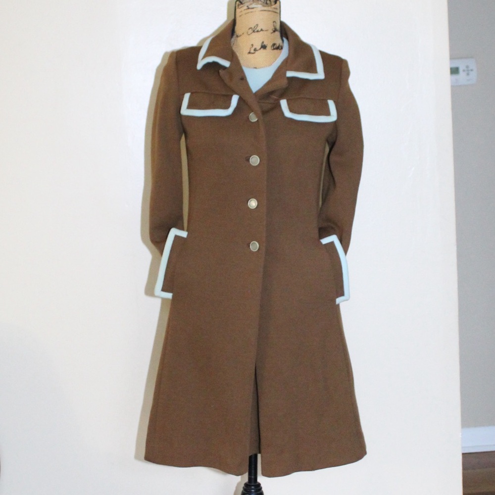 Vintage 60s Vilano Brown Blue Knee Length Dress Jacket Set Women’s S/M